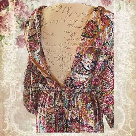 Vintage 1980s Paisley Midi Dress Boho Floral Long Sleeve Back Sash Tie - Picture 6 of 10